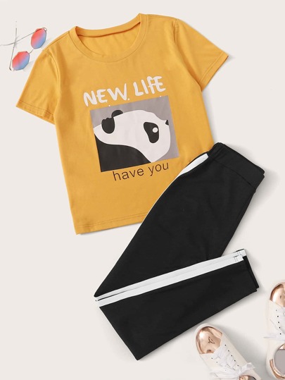 Cartoon & Letter Graphic Tee & Sweatpants