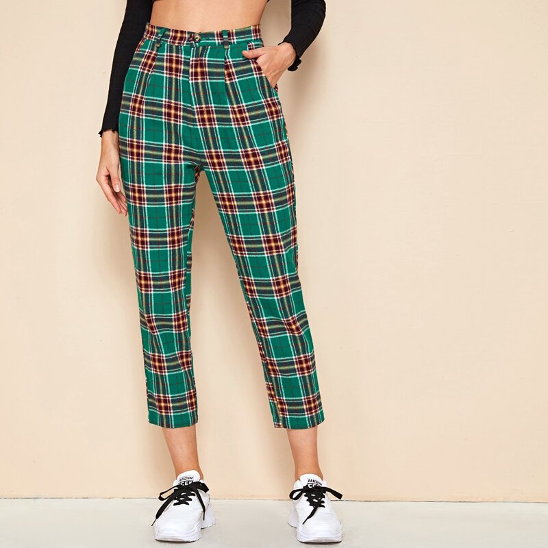 

Slant Pocket Tartan Crop Pants, Green