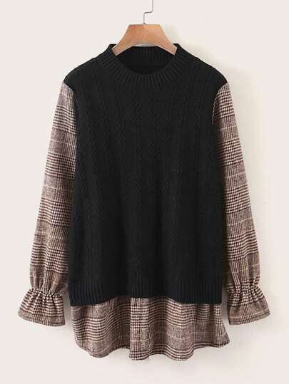 Flounce Sleeve Contrast Panel Spliced Jumper