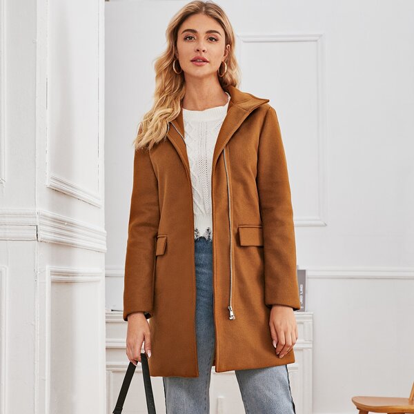 

Zip Up Double Flap Pocket Solid Overcoat, Camel