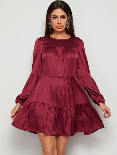 Solid Satin Round Neck Babydoll Dress