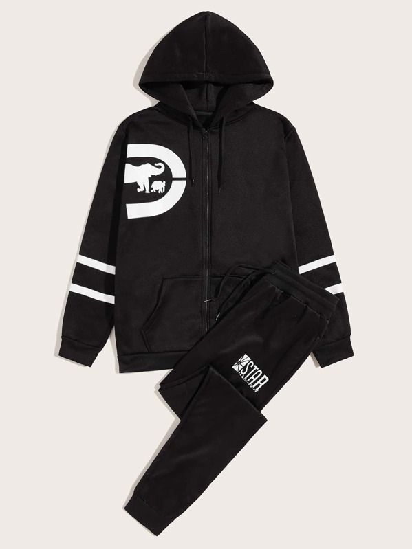 

Men Elephant Print Zip-up Hoodie & Drawstring Joggers, Black