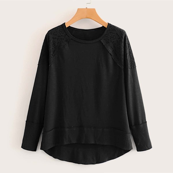 

Contrast Lace High Low Hem Sweatshirt, Black