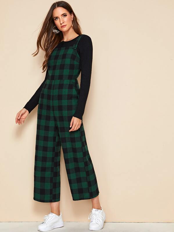 

Gingham Wide Leg Pinafore Jumpsuit, Green, DORAT