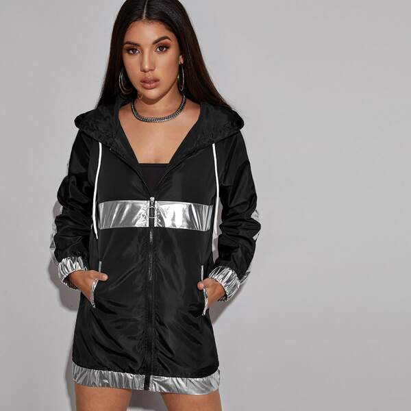 

Colorblock Zip Up Hooded Windbreaker Jacket, Black