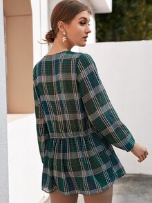 格紋圖案荷葉邊下擺長款襯衫 - 綠色 - 查看 2