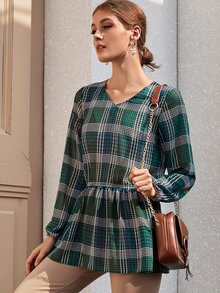 格紋圖案荷葉邊下擺長款襯衫 - 綠色 - 查看 4