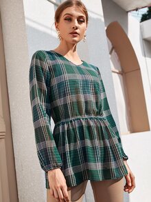 格紋圖案荷葉邊下擺長款襯衫 - 綠色 - 查看 5