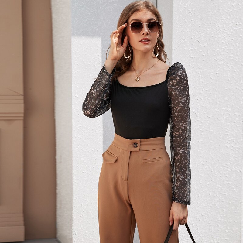 

Contrast Mesh Sleeve Square Neck Top, Black