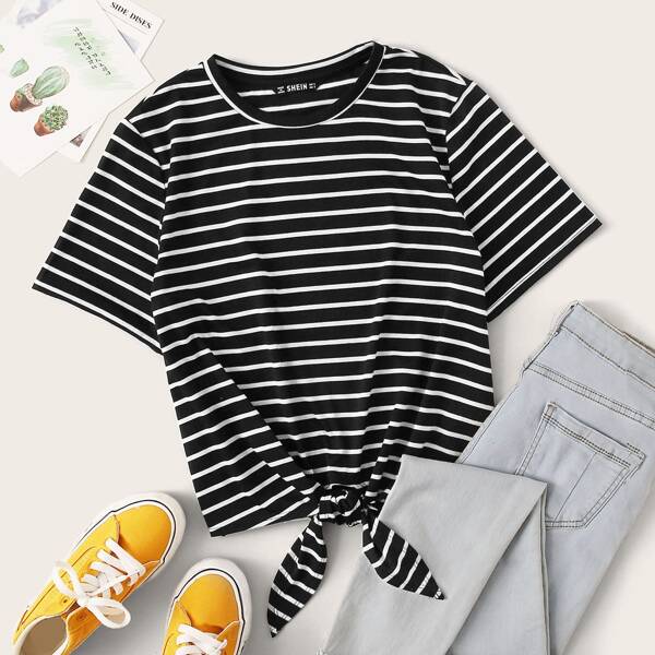 

Knot Hem Striped Tee, Black and white