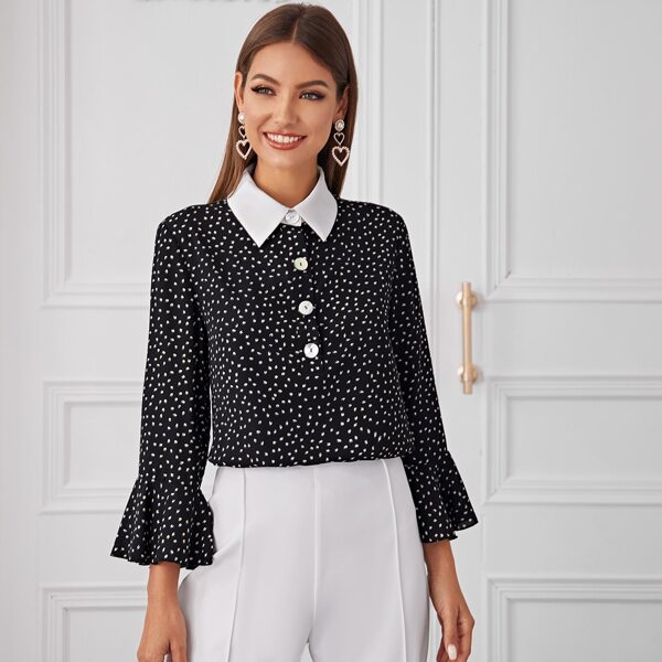 

Contrast Collar Flounce Sleeve Half Placket Blouse, Black