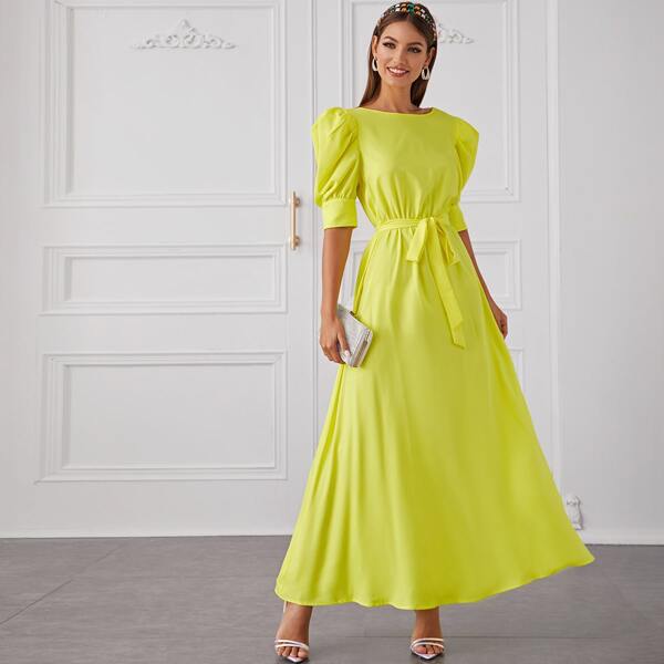

Neon Yellow Puff Sleeve Belted Dress, Yellow bright