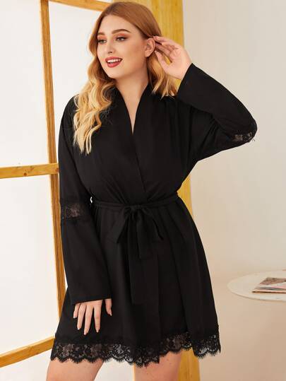 Plus Lace Trim Belted Robe