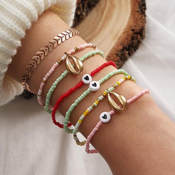 

7pcs Shell Decor Seed Bead Bracelet, Multicolor