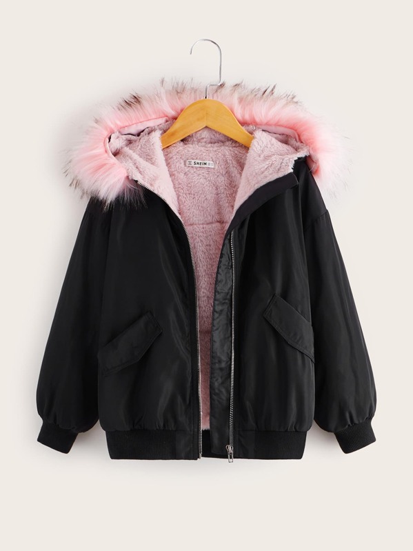 

Girls Contrast Faux Fur Detail Lining Parka Jacket, Black