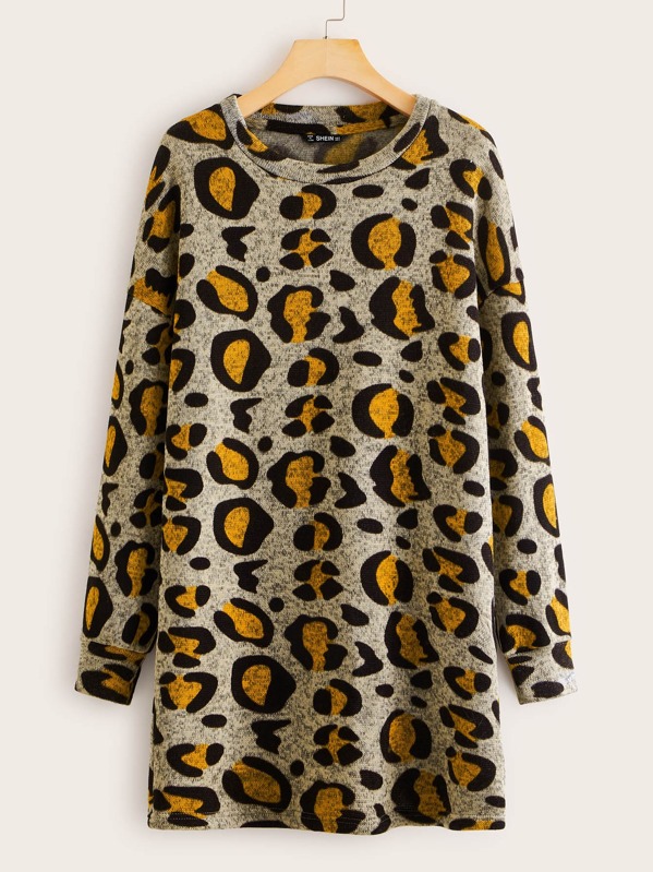 

Drop Shoulder Leopard Sweater Dress Without Bag, Multicolor, Andy