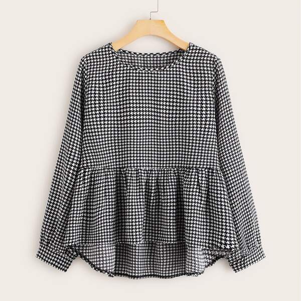 

Houndstooth Print Ruffle Hem Blouse, Black and white