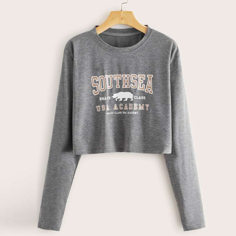 

Bear & Letter Graphic Crop Tee, Grey