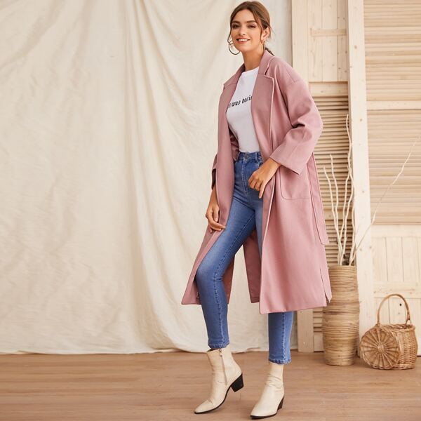 

Split Side Pocket Front Self Belted Wrap Coat, Pink pastel