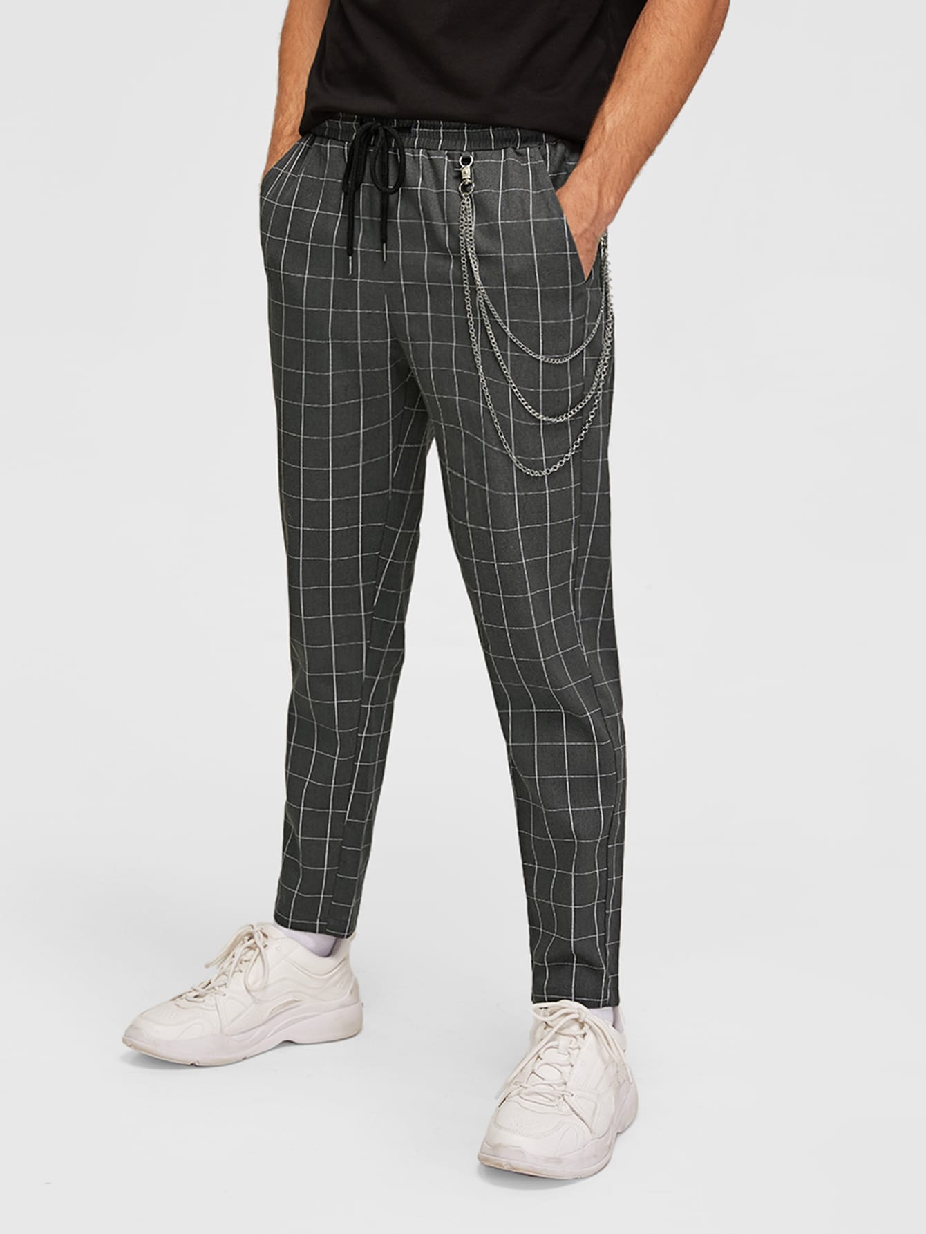 checkered pants with chain
