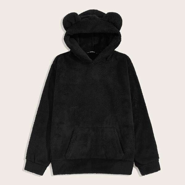 

Men 3D Ear Design Pocket Front Teddy Hoodie, Black