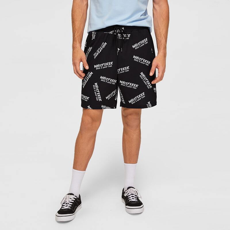 

Guys Drawstring Waist Slogan Graphic Sweat Shorts, Black