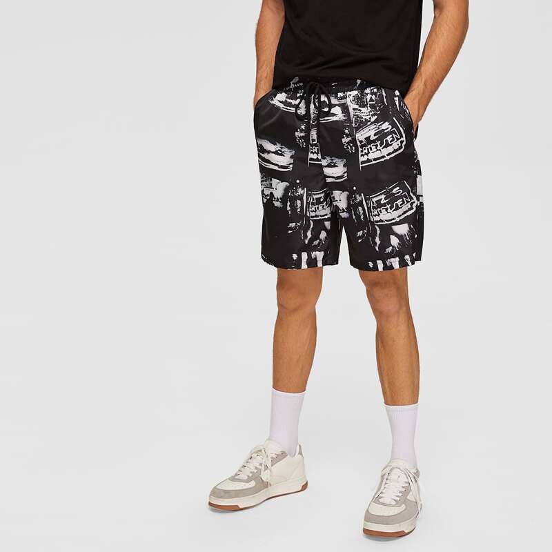 

Guys Graphic Print Windbreaker Shorts, Black and white