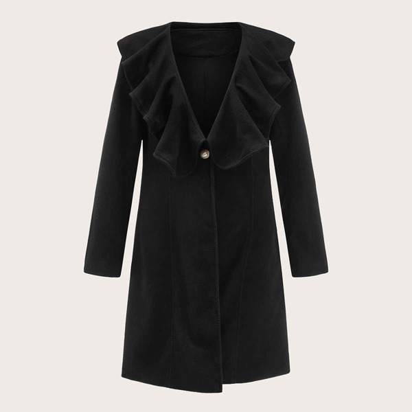 

Ruffle Trim Single Button Overcoat, Black