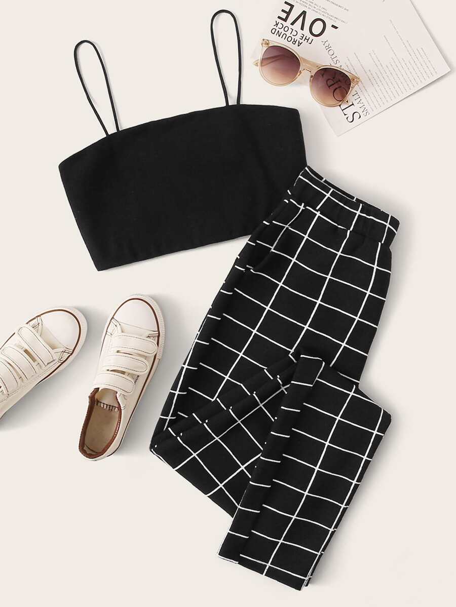 SHEIN Conjunto top de tirante corto con pantalones de cuadros con bolsillo oblicuo - Negro - Ver 1