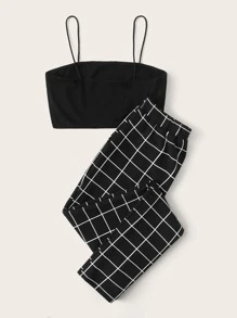 SHEIN Conjunto top de tirante corto con pantalones de cuadros con bolsillo oblicuo - Negro - Ver 2