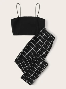 SHEIN Conjunto top de tirante corto con pantalones de cuadros con bolsillo oblicuo - Negro - Ver 3
