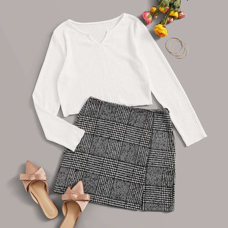 

Ribbed Tee & Plaid Skirt, Black and white