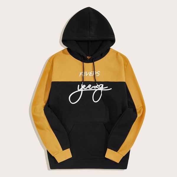 

Men Contrast Panel Letter Graphic Drawstring Hoodie, Multicolor