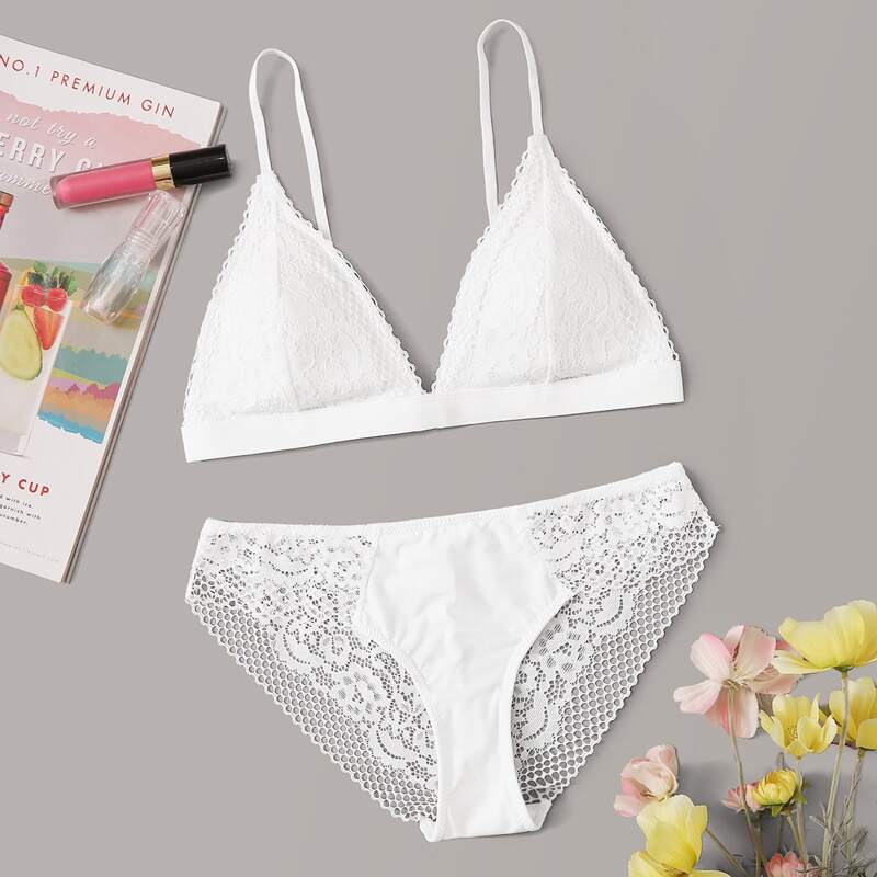 

Floral Lace Lingerie Set, White