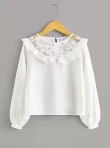 SHEIN 女孩荷葉邊刺繡網紗肩部上衣 - 白色 - 查看 1