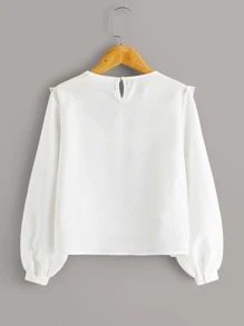 SHEIN 女孩荷葉邊刺繡網紗肩部上衣 - 白色 - 查看 2