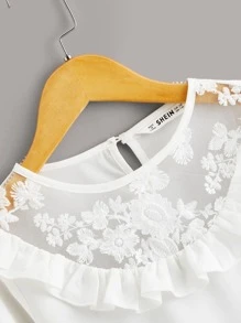 SHEIN 女孩荷葉邊刺繡網紗肩部上衣 - 白色 - 查看 3