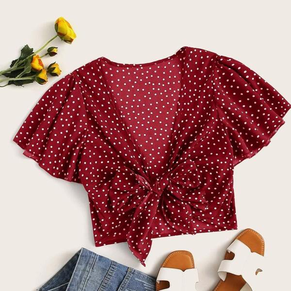 

Plus Polka Dot Knot Front Top, Burgundy