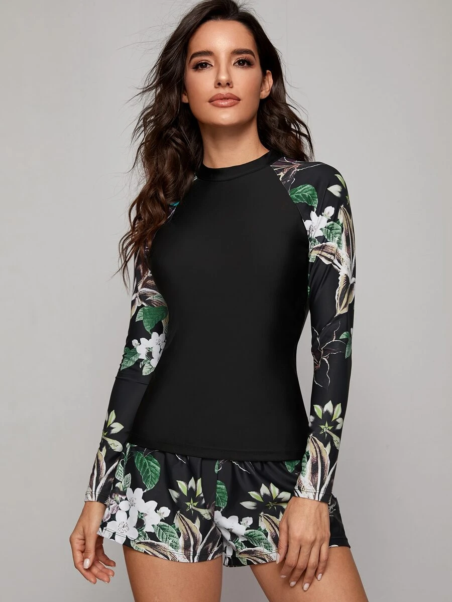 Swim SPRTY 3入組花卉圖案長袖游泳襯衫和半身裙和下裝衝浪泳裝 - 黑色 - 查看 1