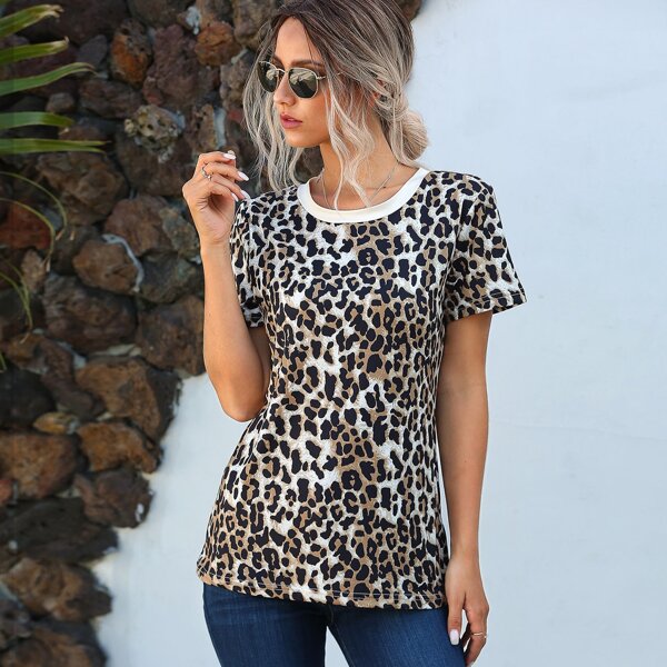 

Leopard Print Contrast Binding Tee, Multicolor