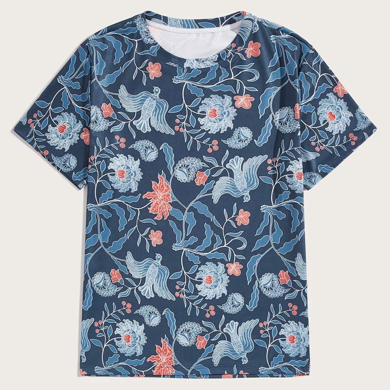 

Guys Floral & Bird Print Tee, Navy blue