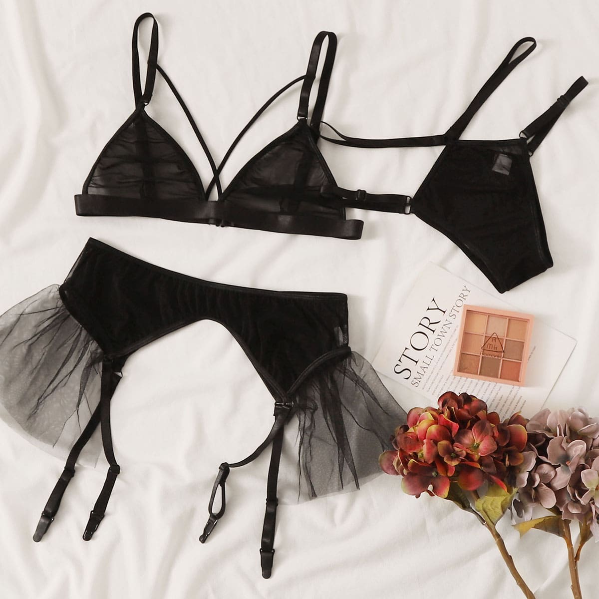 

Sheer Mesh Lingerie Set With Garter, Black