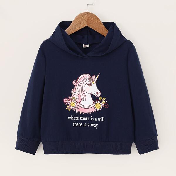 

Toddler Girls Unicorn And Slogan Graphic Hoodie, Navy