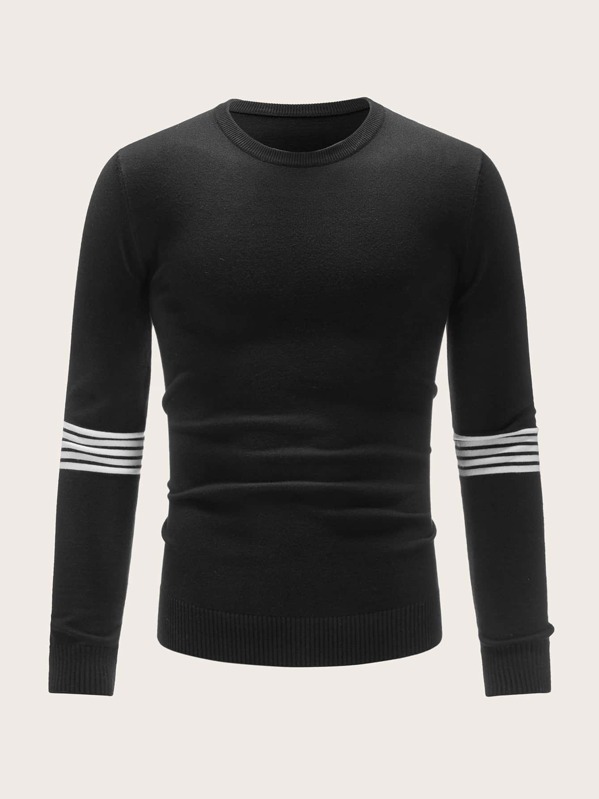 

Men Ribbed Knit Trim Stripe Sweater, Black