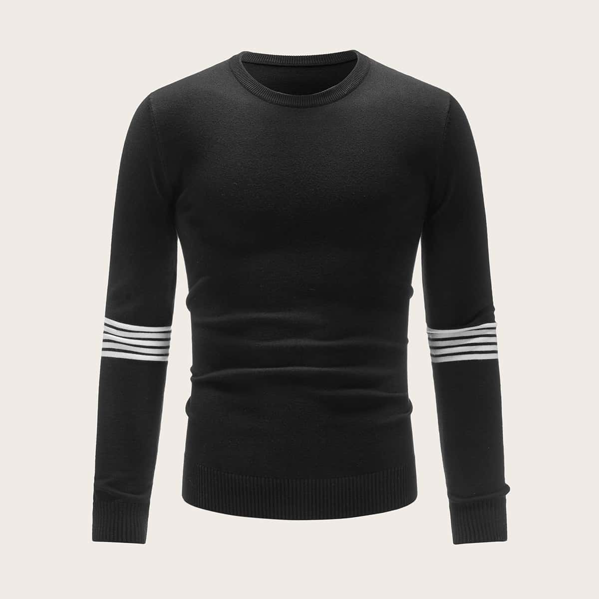 

Guys Ribbed Knit Trim Stripe Sweater, Black