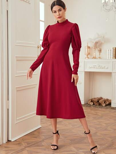 Mock Neck Puff Sleeve Solid Dress