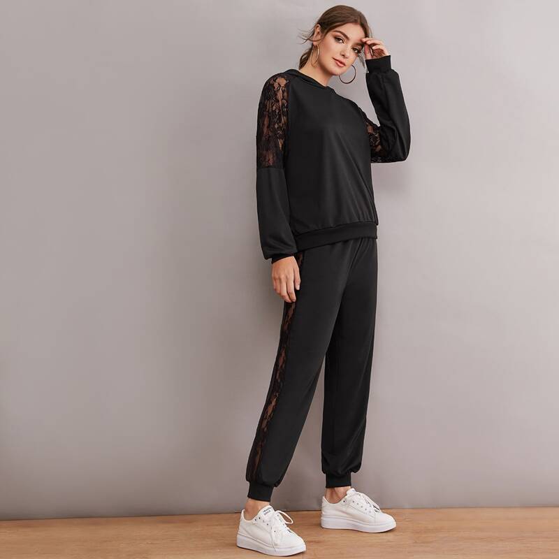 

Contrast Lace Raglan Sleeve Hoodie & Sweatpants, Black