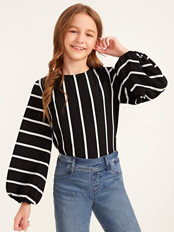 

Girls Lantern Sleeve Striped Top, Black, Sashab