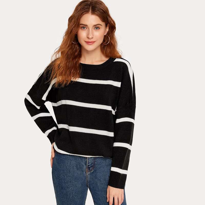 

Drop Shoulder Striped Sweater, Black and white