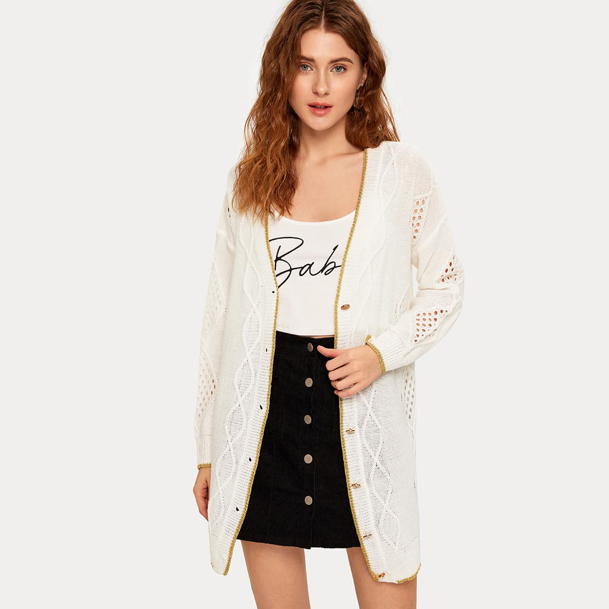 

Drop Shoulder Contrast Trim Cut-out Detail Cardigan, White